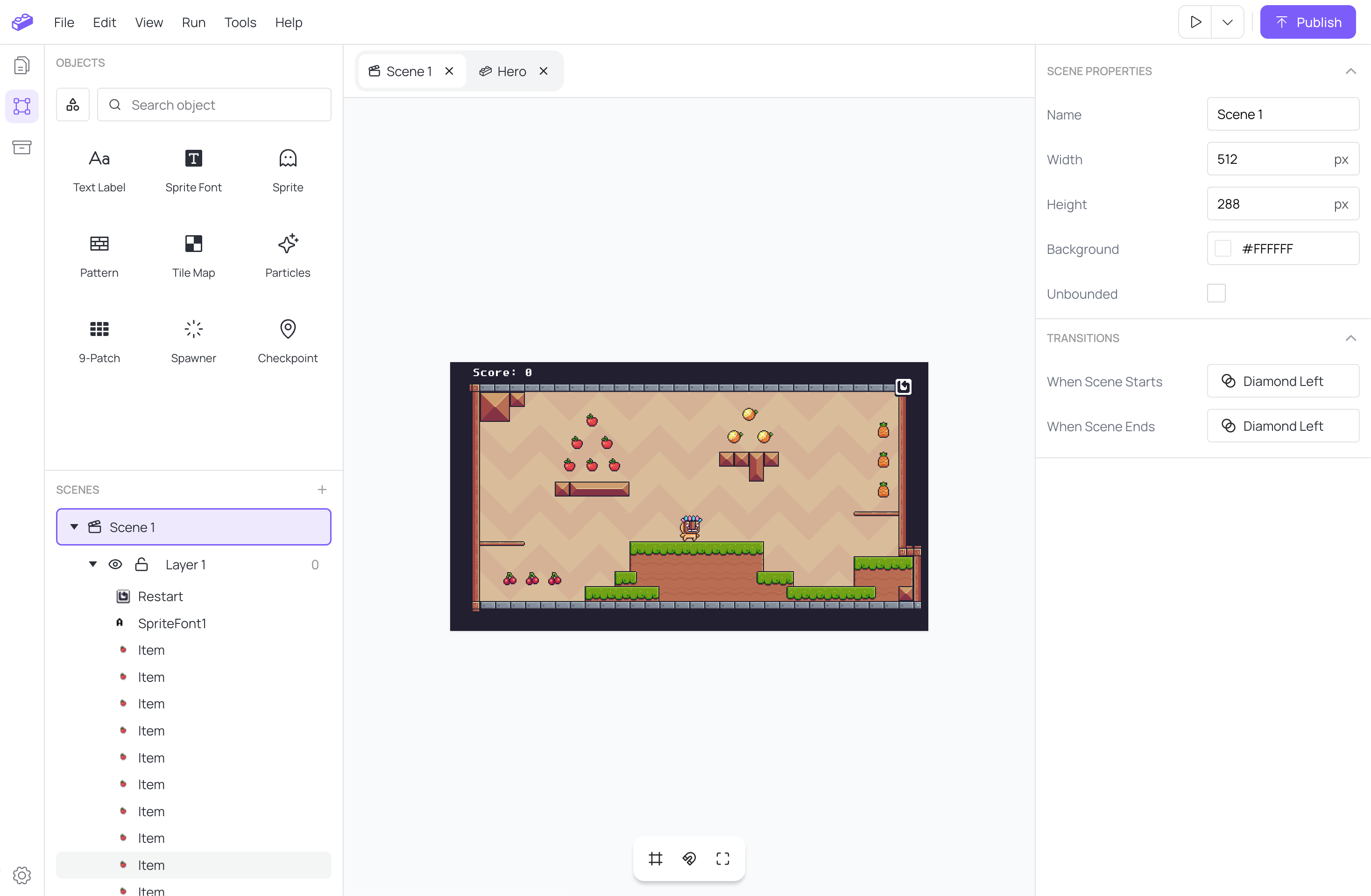 Blocks editor — visual scene editor with tilemap, objects panel, and scene properties